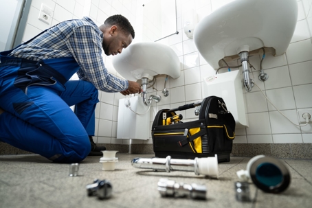 plumber in commercial bathroom